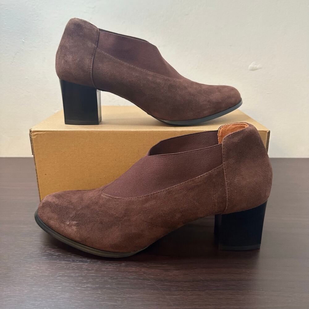 L'Amour Des Pieds Pirisa Brown Suede Block Heel Slip-on ankle Booties Size 9 New